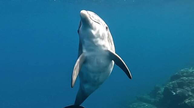 A dolphin swims in a blue ocean next to rocks