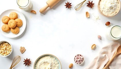 Flatlay of baking ingredients & pastries on white background, Baking icon Set, BAKERY Web Banner,  created with generative ai