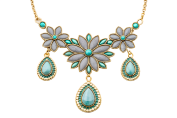 A close-up, illustrative depiction of a gold necklace adorned with pink gemstones is presented against a stark white background.