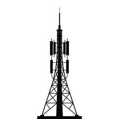 Silhouette of a tall communication tower with antennas on white background