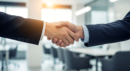 Two business professionals shaking hands in a modern office setting, symbolizing agreement and partnership.