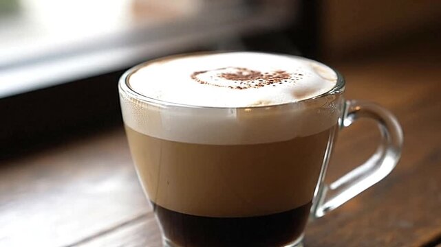A layered coffee drink in a clear glass mug featuring foam and a sprinkle of chocolate sits on a wooden surface