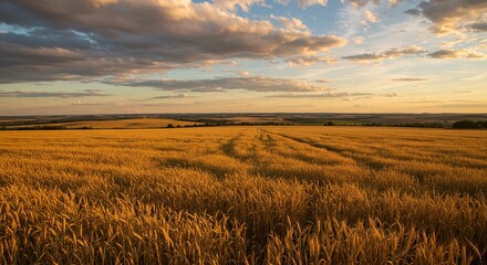 Obraz premium Sunlit Agricultural Wheat Field With Rolling Hills And Vibrant Clouds At Sunset
