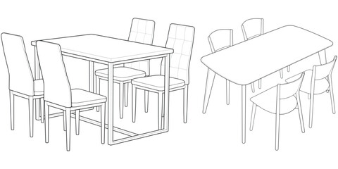 Hand-Drawn Dining Table Set Illustration. Outline Style Wooden Furniture for Interior and Home Design Projects