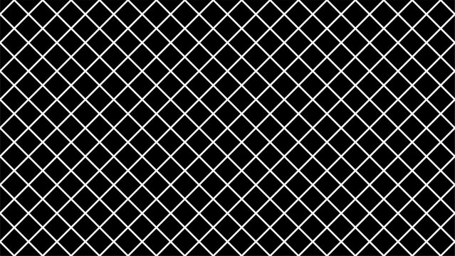 Cross grid diagonal seamless pattern, white diamond mesh on black background, geometric fence texture. Ideal for backgrounds, barriers, textiles, or security themes.