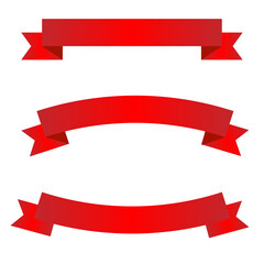 Three red banner designs with varying shapes and folds, isolated on a white background, for graphic design use.