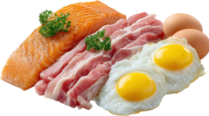 Salmon fish bacon fried egg and raw egg isolated on transparent background with fresh parsley