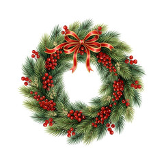 Festive Christmas Wreath with Red Bow and Holly Berries Decoration