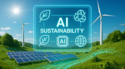 AI sustainability icons floating above wind turbines and solar panels in lush green landscape representing artificial intelligence solutions for clean energy, ecology, and environmental protection - Powered by Adobe
