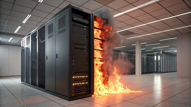 Server Room Data Center on Fire Showing the Dangers of Cybersecurity Breaches and the Importance of Disaster Recovery Planning and Fire Suppression Systems