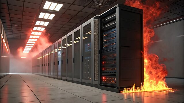 Data Center Server Room on Fire Indicating a System Failure Cyber Attack or Data Breach with Smoke and Flames Visible