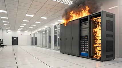 Data Center Server Rack on Fire with Smoke and Flames Representing Cyber Security Breach and System Failure Horizontal Composition Tiled Floor