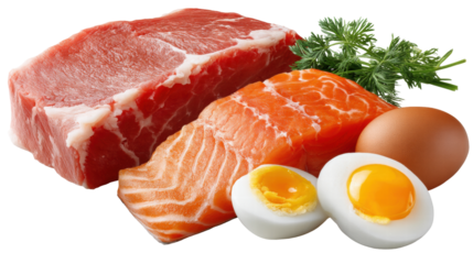 Raw meat salmon fish egg and herb isolated on transparent background with fresh food ingredients