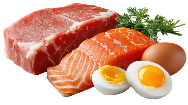 Raw meat salmon fish egg and herb isolated on transparent background with fresh food ingredients