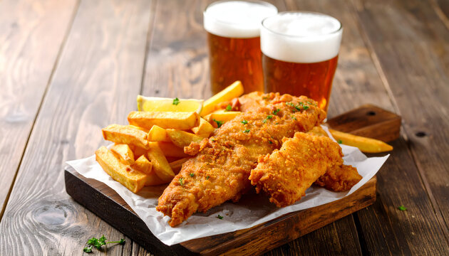 Crispy Fish and Chips with Fresh Beer on Rustic Wooden Table