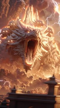 Epic multi-headed dragon roaring in a thunderstorm