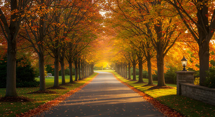 Autumnal Canopy A Road Lined with Trees in Vibrant Fall Colors
