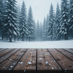 Rustic Table Covered in Snow Among Pine Trees