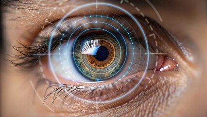 A close-up of a human eye with digital interface elements, illustrating biometric scanning and futuristic technology.