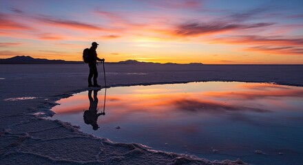 Obraz premium Lone Hiker Vast Salt Flat: Expansive Reflective Landscape at Desert Sunrise