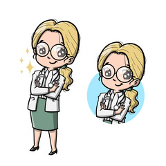 Cartoon characters of a female doctor mascot. Ideal for medical themed illustrations, healthcare websites, or medical presentations for a professional look.