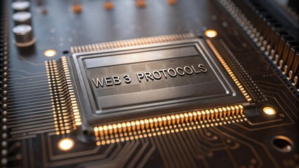 A close-up of a microchip with the text "WEB 3 PROTOCOLS" engraved, highlighting advanced technology and blockchain concepts.