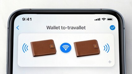 A smartphone screen displays a digital interface showing two brown wallets connected wirelessly under the heading "Wallet to-trawallet.