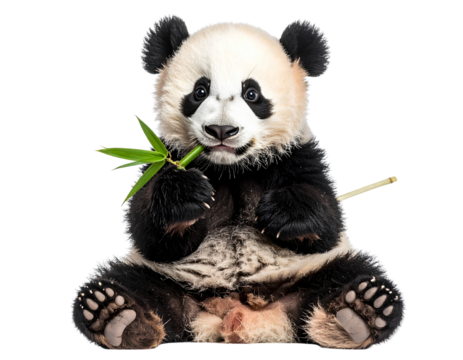 Adorable Baby Panda Sitting with Bamboo Stick, Front View, Transparent Background - Powered by Adobe
