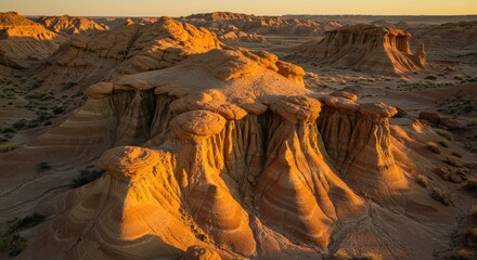 Desert Badlands Hoodoos: Unique Eroded Rock Formations and Stark Shadows