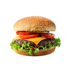 Close-up of a classic cheeseburger on a sesame seed bun, topped with cheese, lettuce, tomato, pickles, and condiments