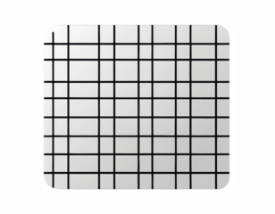 the image shows a square shaped object with rounded corners against a dark background. the object is white and features a symmetrical grid pattern of dark lines