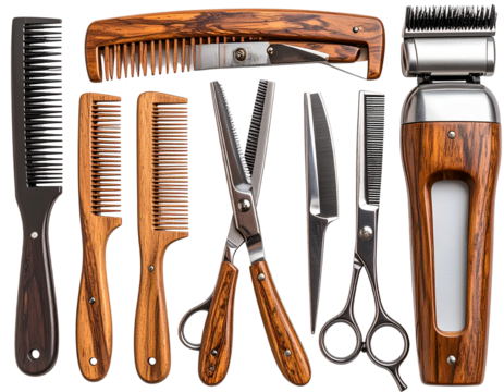 Set of Barber Tools Including Scissors, Comb, and Razor, Flat Lay, Transparent Background 