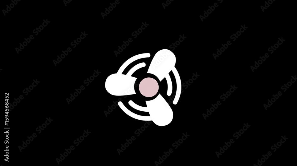 Poster stylized abstract three bladed propeller or fan icon with a central circle on a black background rep