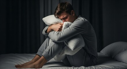 Lonely Mans Nighttime Grief in Dim Bedroom.