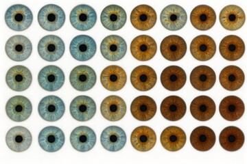 Fototapeta premium A grid of various human eyes showcasing different colors and patterns, arranged in rows and columns. Concept Eye Color Variety, Unique Eye Patterns, Human Eye Diversity, Artistic Eye Display