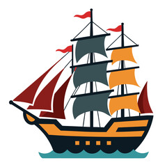 Colorful Cartoon Pirate Ship Sailing on the Ocean Waves Illustration