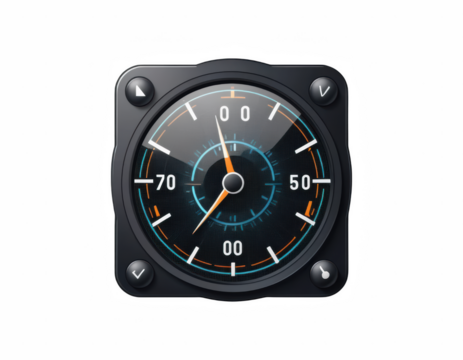 the image presents an isolated square instrument, likely from an aircraft cockpit, set against a black background. the instrument has a circular face with several numerical markings and a colored arc