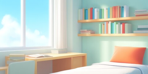 A bright, minimalistic bedroom with a single bed, orange pillow, wooden desk, and shelves filled with books by a large window.