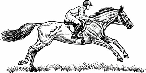 Fototapeta premium Vintage Horse Rider Illustration – Galloping Jockey on Racehorse Drawing