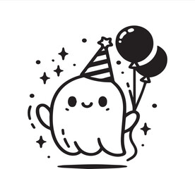 Minimalist Cute Ghost Line Art  Party Hat, Balloons & Sparkles