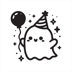 Minimalist Cute Ghost Line Art  Party Hat, Balloons & Sparkles