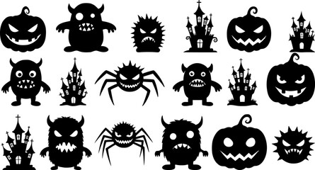 Spooky halloween cartoon characters silhouettes  including pumpkins monsters spiders and creatures create festive horror collection