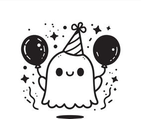 Minimalist Cute Ghost Line Art  Party Hat, Balloons & Sparkles