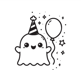 Minimalist Cute Ghost Line Art  Party Hat, Balloons & Sparkles