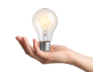 Human Hand Holding Lit Light Bulb Between Fingers, Side View, transparent
