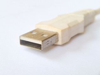 Close Up Connector White USB Cable Plug isolated on White Background.