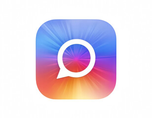 an icon features a rounded square backdrop with a radial gradient of blues, purples, and oranges, radiating from the center. in the middle is a white outline of a speech bubble with a tail