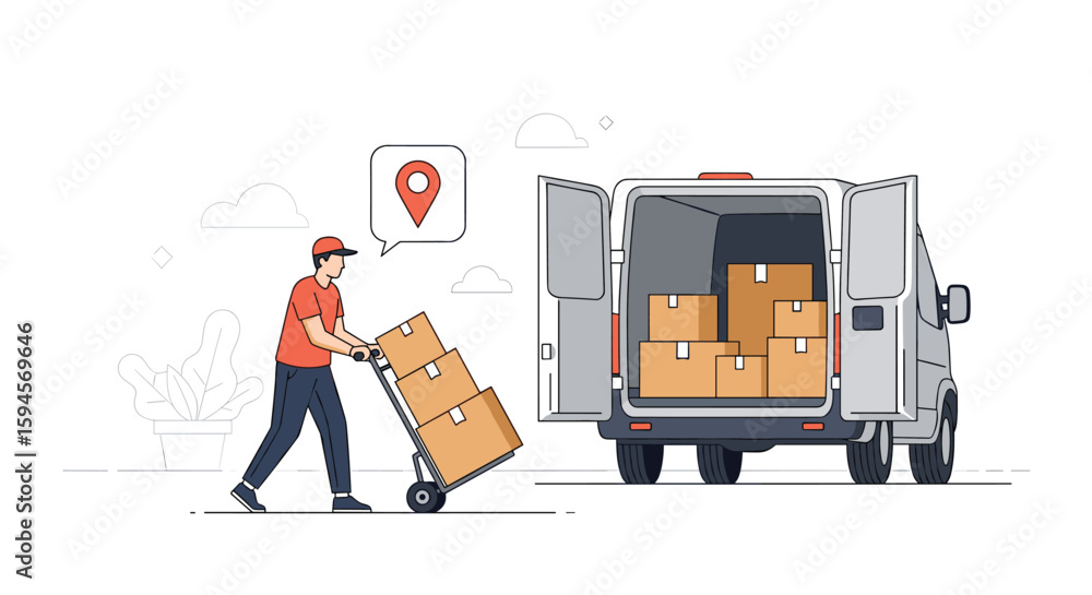 Poster delivery driver loading packages into a van with a location pin overhead for shipping and logistics 
