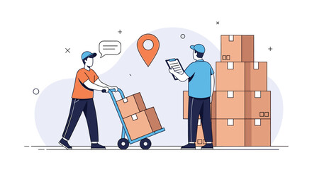 Logistics delivery service workers coordinating package shipments and tracking parcel locations efficiently