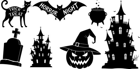Haunted halloween night scene with black cats castles pumpkins and bats creates spooky october celebration silhouettes